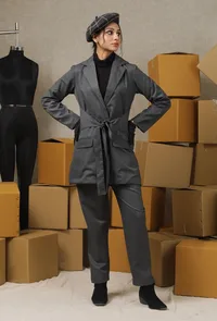 Set Of 2: Charcoal Grey Solid Linen Belted Trench Coat & Formal Pants image 1