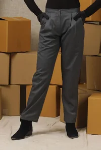 Set Of 2: Charcoal Grey Solid Linen Belted Trench Coat & Formal Pants image 4