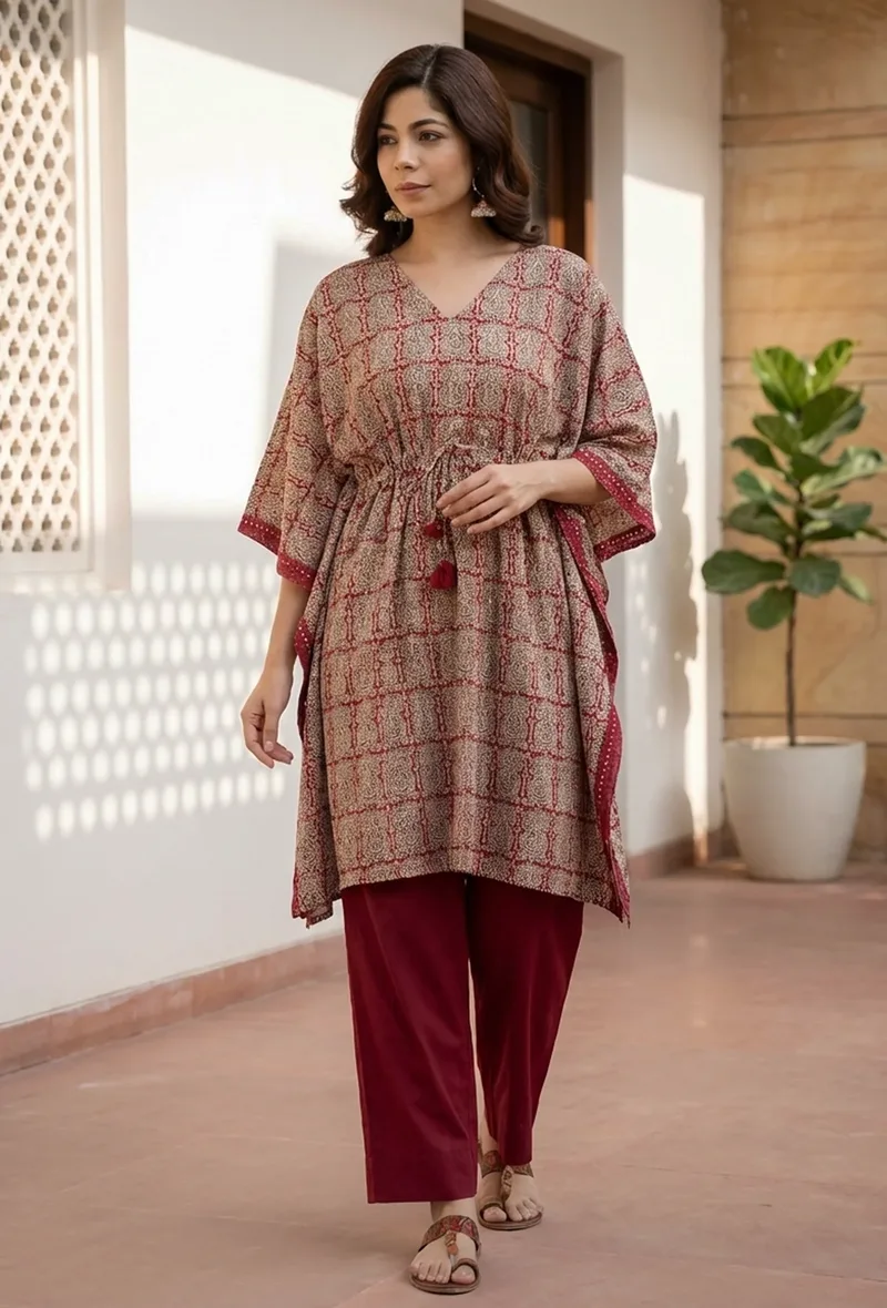 Beige & Red Baagh Block Print Cotton Kaftan Kurta