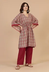 Beige & Red Baagh Block Print Cotton Kaftan Kurta image 2