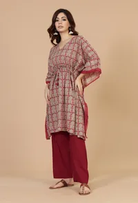 Beige & Red Baagh Block Print Cotton Kaftan Kurta image 3