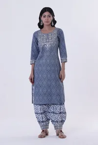 Set Of 3: Blue & White Block Printed Cotton Kurta, Pant & Dupatta image 3
