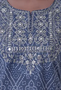 Set Of 3: Blue & White Block Printed Cotton Kurta, Pant & Dupatta image 5
