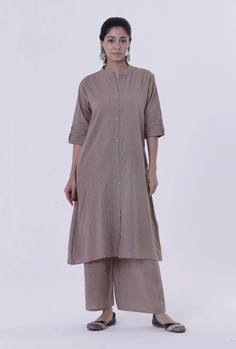 Set Of 2: Dusty Grey Cotton Kurti With Palazzo Set