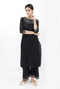 Black Kurta With Kantha Embroidered Neck image 1