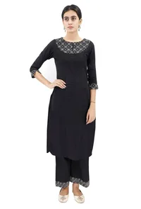 Black Kurta With Kantha Embroidered Neck image 2