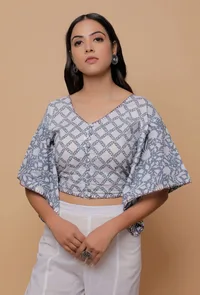 Grey And White Handblock Print Cotton V Neck Kaaftan Blouse image 2