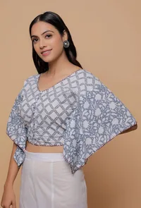 Grey And White Handblock Print Cotton V Neck Kaaftan Blouse image 3