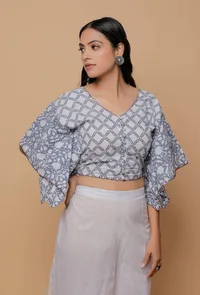 Grey And White Handblock Print Cotton V Neck Kaaftan Blouse image 4