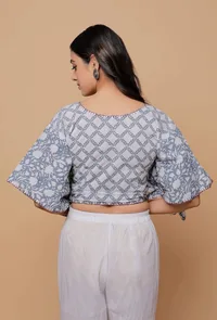 Grey And White Handblock Print Cotton V Neck Kaaftan Blouse image 5