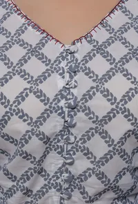 Grey And White Handblock Print Cotton V Neck Kaaftan Blouse image 6