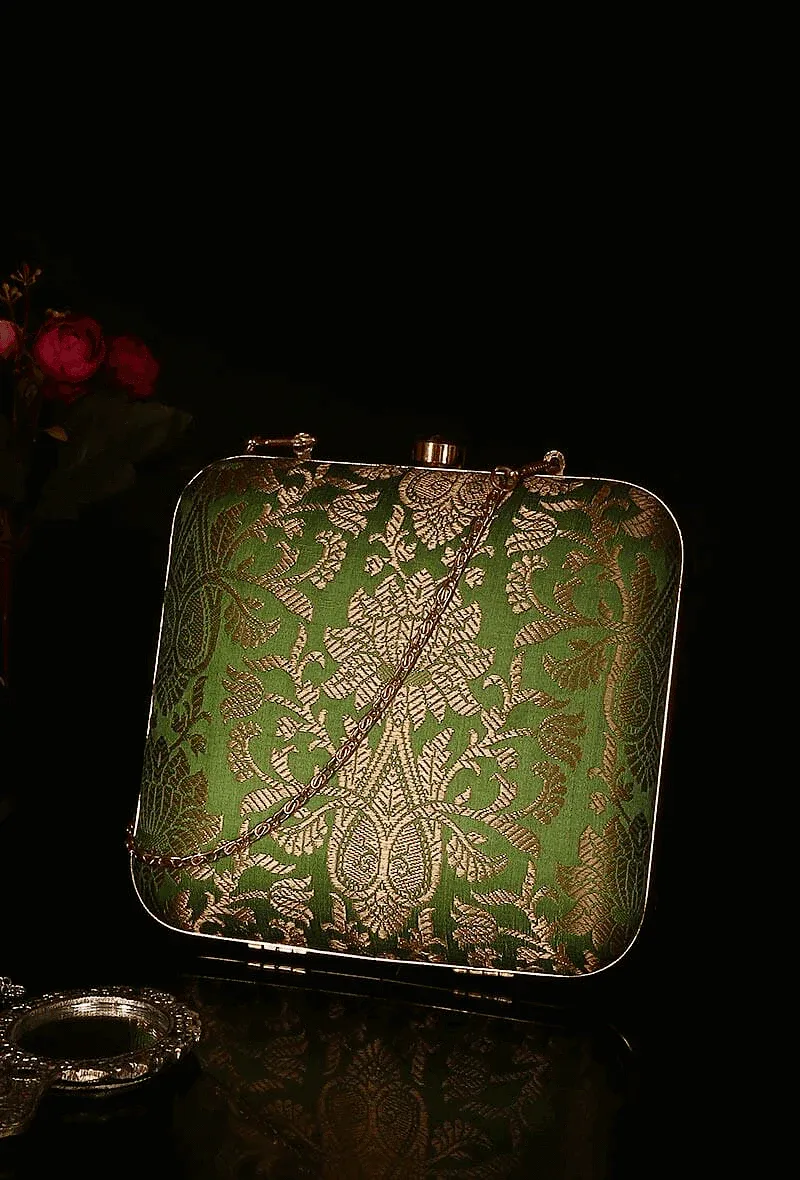 Fern Green Brocade Box Clutch with Sling (6.5 X 2 X 6)