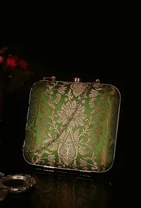 Fern Green Brocade Box Clutch with Sling (6.5 X 2 X 6) image 1