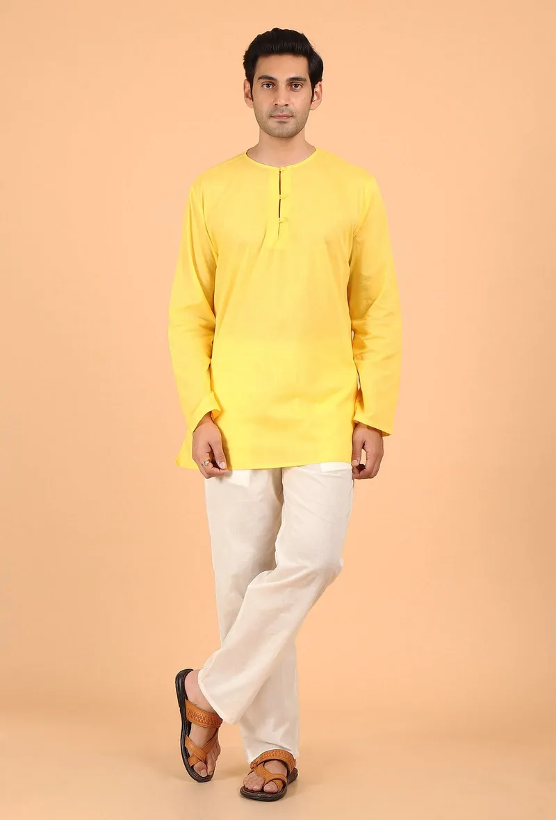 Yellow Cotton Mulmul Short Kurta & White Pant
