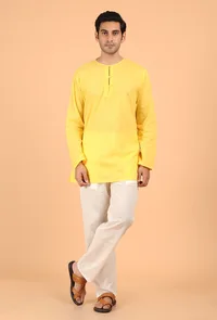 Yellow Cotton Mulmul Short Kurta & White Pant image 1