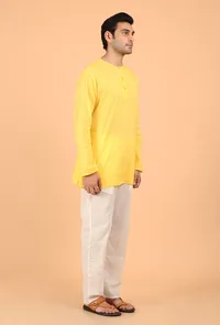 Yellow Cotton Mulmul Short Kurta & White Pant image 2