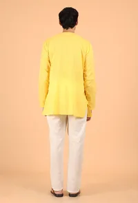 Yellow Cotton Mulmul Short Kurta & White Pant image 3