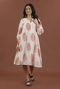 Blush Pink Buta Printed A-Line Midi Dress image 1