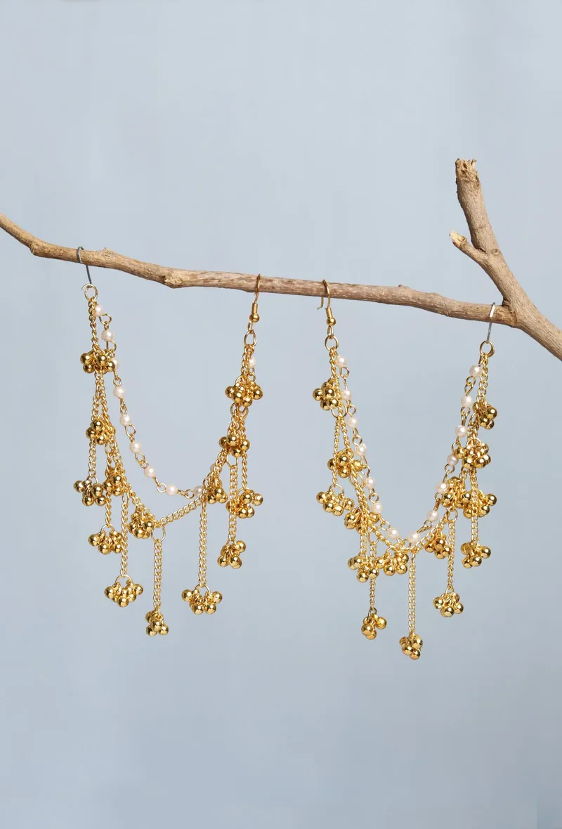 Pair of German Silver Brass Metal Golden Color & White Pearl with Ghunghru Traditional 3 Layer Ear Chain