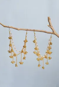 Pair of German Silver Brass Metal Golden Color & White Pearl with Ghunghru Traditional 3 Layer Ear Chain image 1