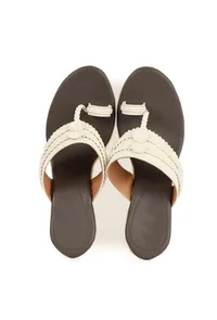 Cream and White Vegan Leather Kolhapuri Wedges image 1