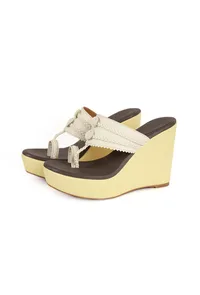 Cream and White Vegan Leather Kolhapuri Wedges image 2