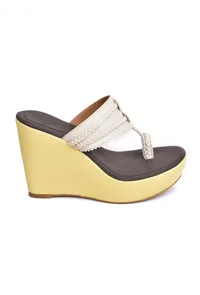 Cream and White Vegan Leather Kolhapuri Wedges image 3