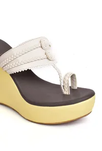 Cream and White Vegan Leather Kolhapuri Wedges image 6