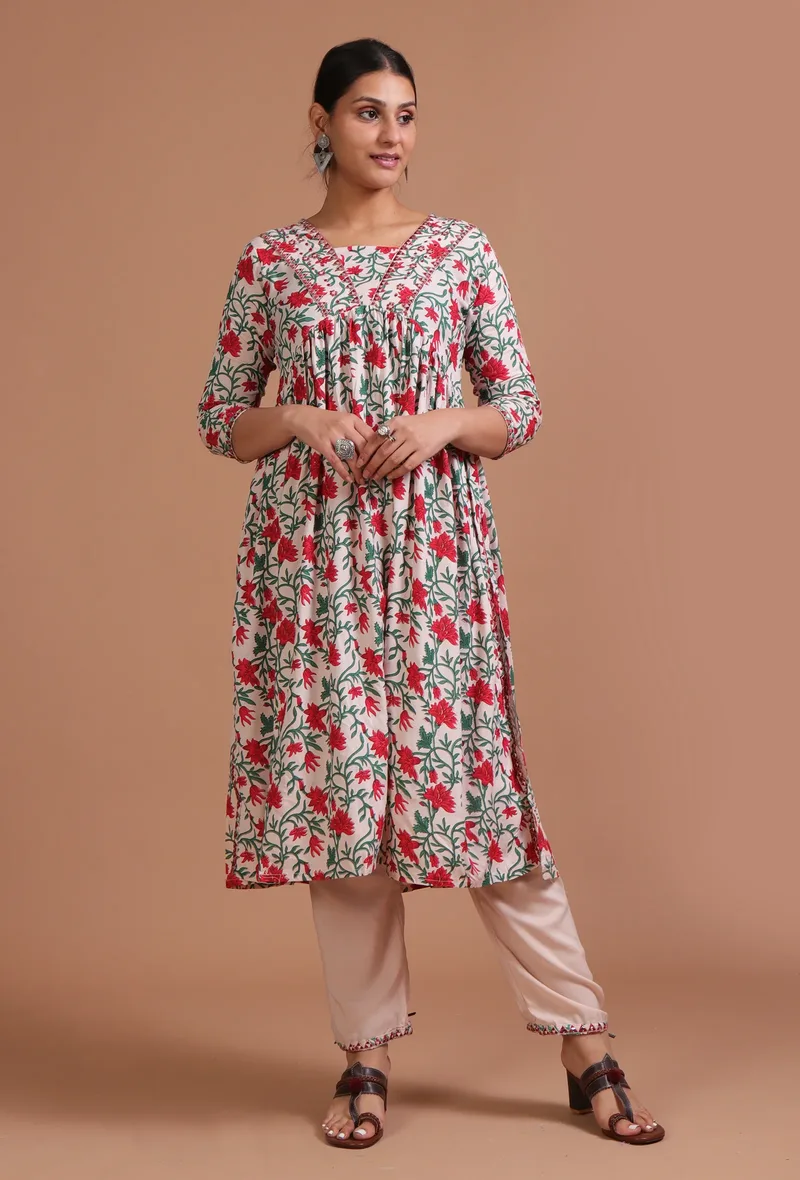 Set Of 2: Multicolor Cotton Printed Dress & Pant Set