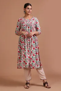 Set Of 2: Multicolor Cotton Printed Dress & Pant Set image 1
