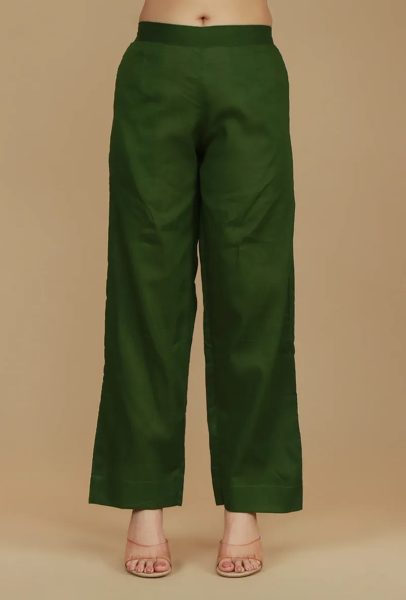 Dark Green Solid Cotton Pants
