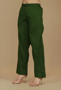 Dark Green Solid Cotton Pants image 2