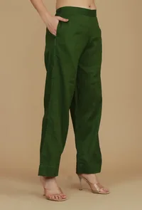 Dark Green Solid Cotton Pants image 3