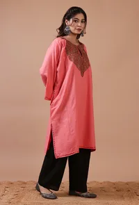 Sea Pink Woolen Sozni Embroidered Phiran- Free Size image 3
