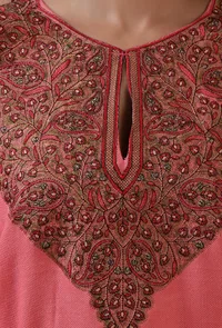 Sea Pink Woolen Sozni Embroidered Phiran- Free Size image 5