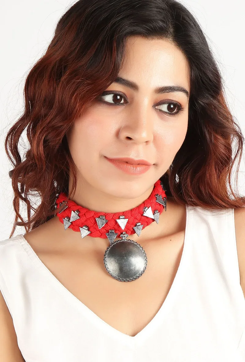 Red Thread & German Silver Tribal Choker With Bold Pendant