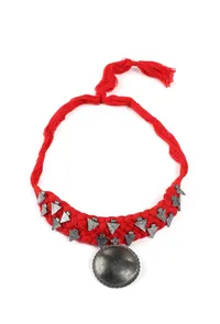 Red Thread & German Silver Tribal Choker With Bold Pendant image 2