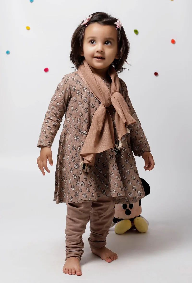 Set of 3 : Inaya Brown Floral Handblock Printed A Line Full Sleeves Kota Flared Kurta with Plain Cotton Elastic Choordiaar and Kota Dupatta