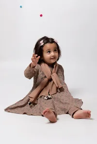 Set of 3 : Inaya Brown Floral Handblock Printed A Line Full Sleeves Kota Flared Kurta with Plain Cotton Elastic Choordiaar and Kota Dupatta image 2