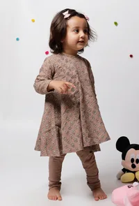 Set of 3 : Inaya Brown Floral Handblock Printed A Line Full Sleeves Kota Flared Kurta with Plain Cotton Elastic Choordiaar and Kota Dupatta image 3