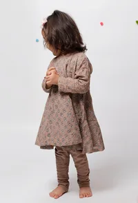 Set of 3 : Inaya Brown Floral Handblock Printed A Line Full Sleeves Kota Flared Kurta with Plain Cotton Elastic Choordiaar and Kota Dupatta image 4