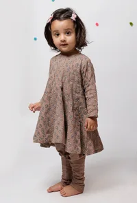 Set of 3 : Inaya Brown Floral Handblock Printed A Line Full Sleeves Kota Flared Kurta with Plain Cotton Elastic Choordiaar and Kota Dupatta image 5