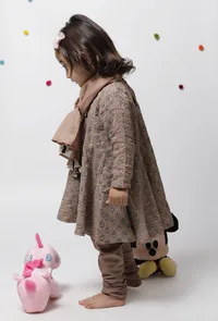 Set of 3 : Inaya Brown Floral Handblock Printed A Line Full Sleeves Kota Flared Kurta with Plain Cotton Elastic Choordiaar and Kota Dupatta image 6