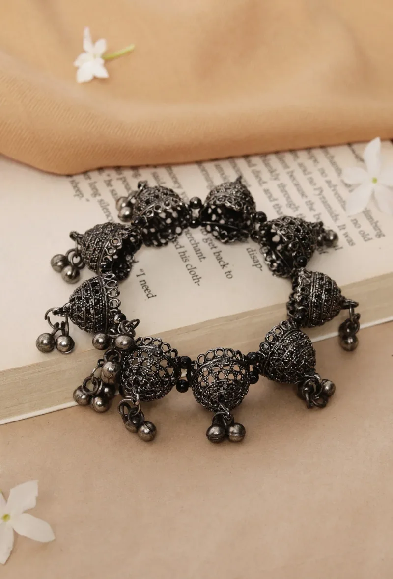 Oxidized Silver Antique Silver Banjara 9 Jhumki Adjustable Size Bracelet