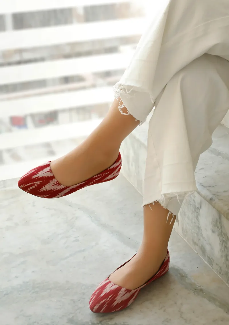 Cherry Red Ikkat Cruelty Free Leather Flat Ballerinas