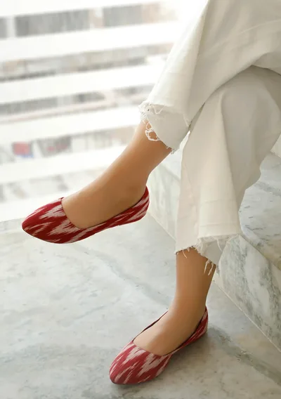 Cherry Red Ikkat Cruelty Free Leather Flat Ballerinas