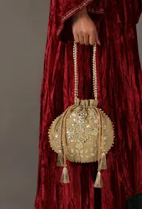 Golden Beige Gota Patti Silk Potli image 2