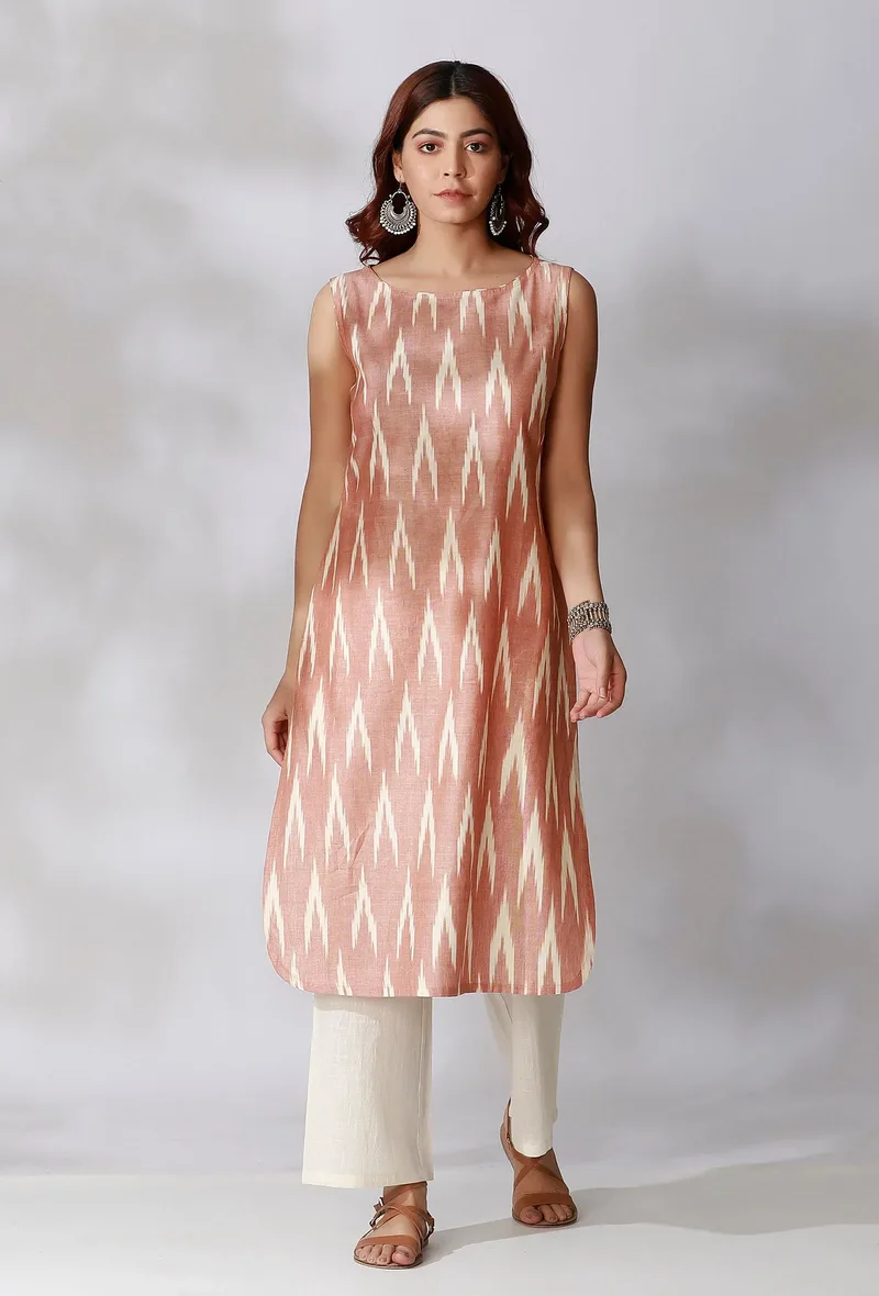 Set Of 2- Brown Ikkat Straight Kurta with White Cotton Straight Pants With Pockets