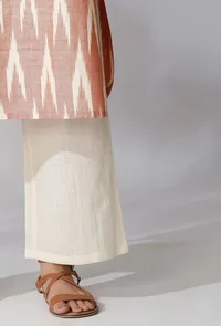 Set Of 2- Brown Ikkat Straight Kurta with White Cotton Straight Pants With Pockets image 6