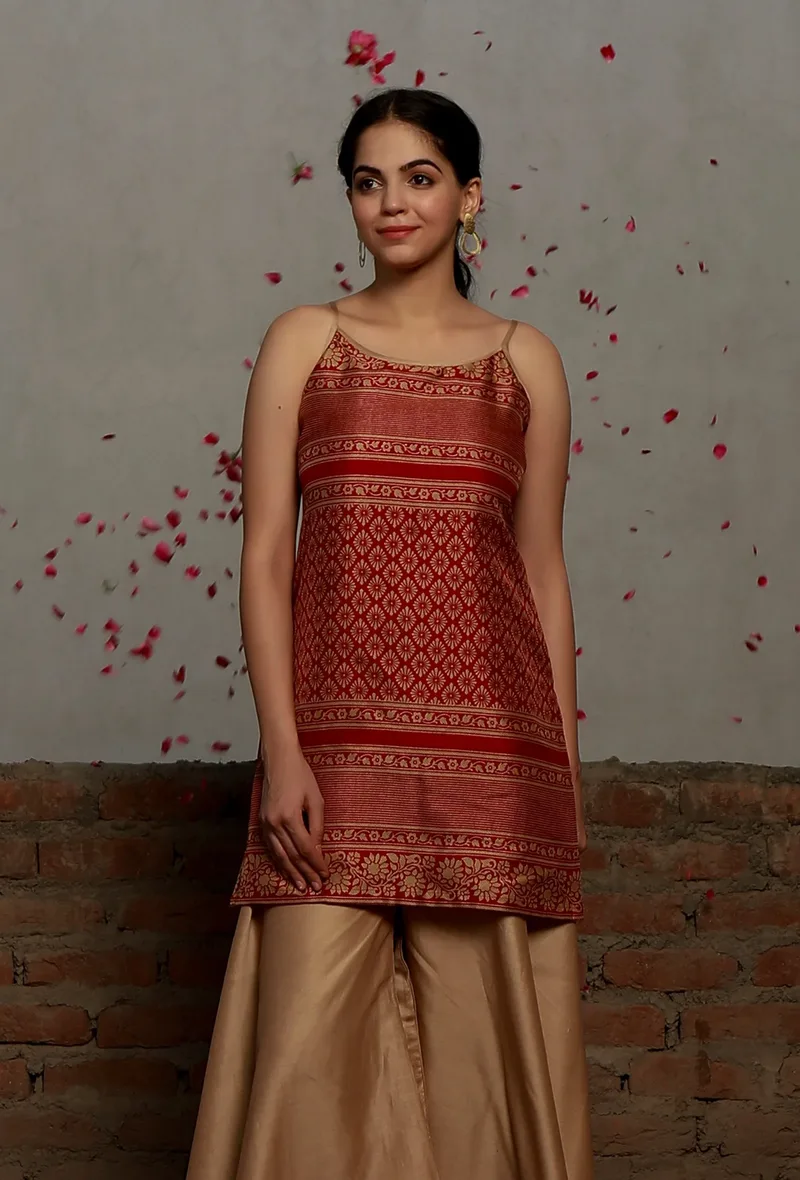 Red Kalamkari Printed Cotton Silk Strappy A Line Short Kurta
